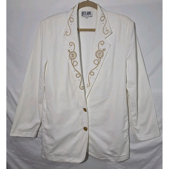 City Girl Sport Jackets & Blazers - 90s City Girl Sport Blazer Gold Embroidery Trim Sz 12 Nautical Coastal Grandma